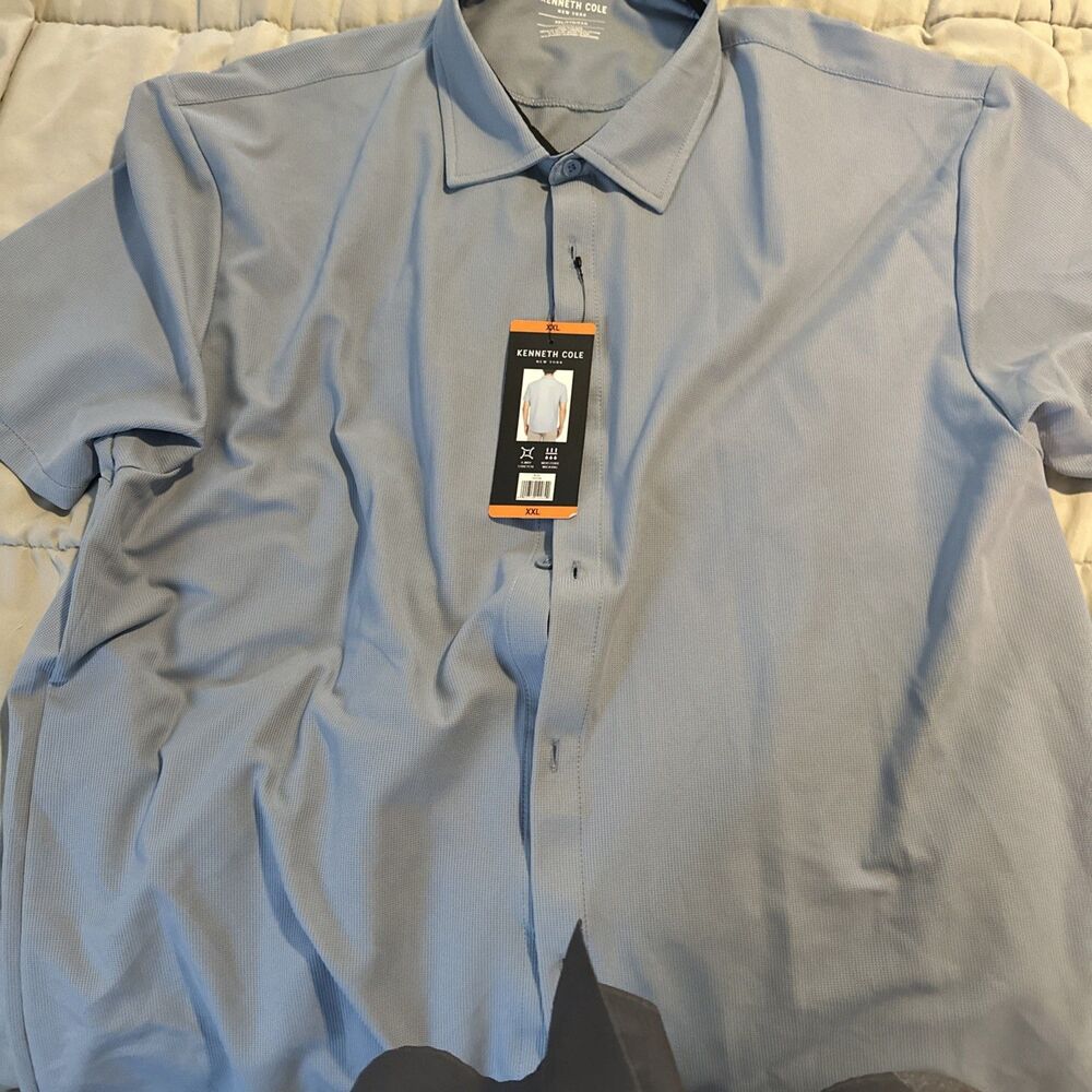 Kenneth Cole Mens XXL Blue Short Sleeve Stretch Button Down Shirt Textured NEW